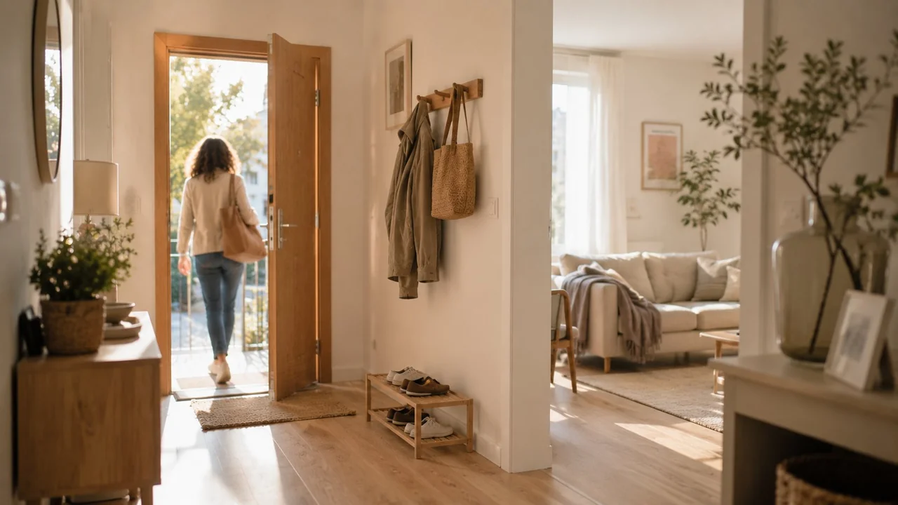 Entrada de apartamento con puerta abierta simbolizando el primer paso hacia la compra