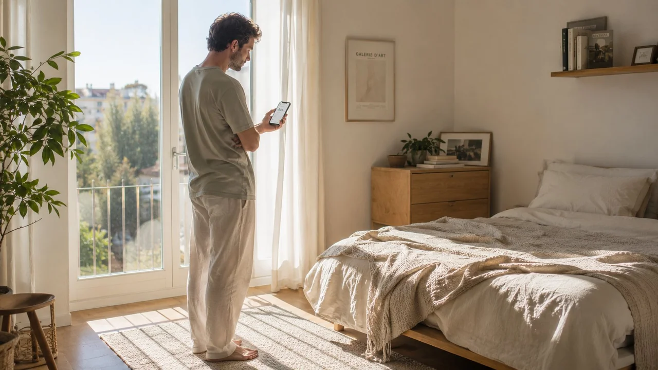 Hombre revisando información sobre hipotecas desde habitación con balcón