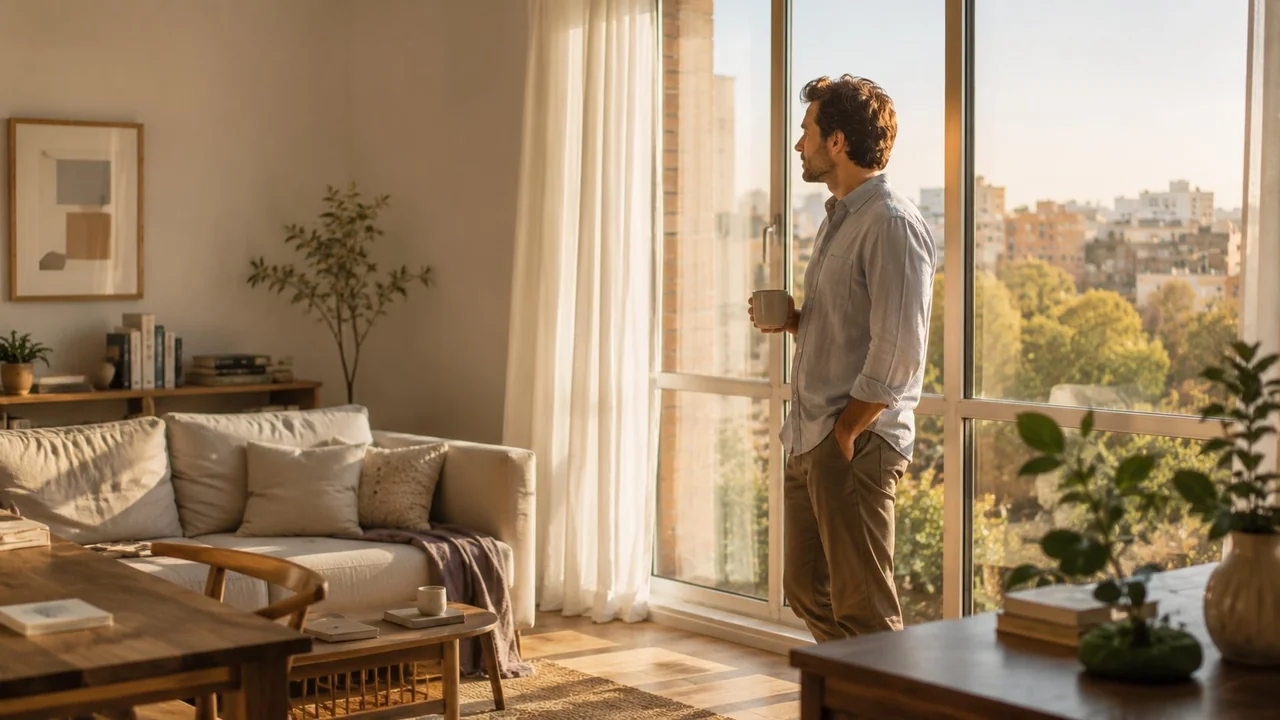 Hombre con café mirando la ciudad desde la ventana pensando en cuándo comprar vivienda