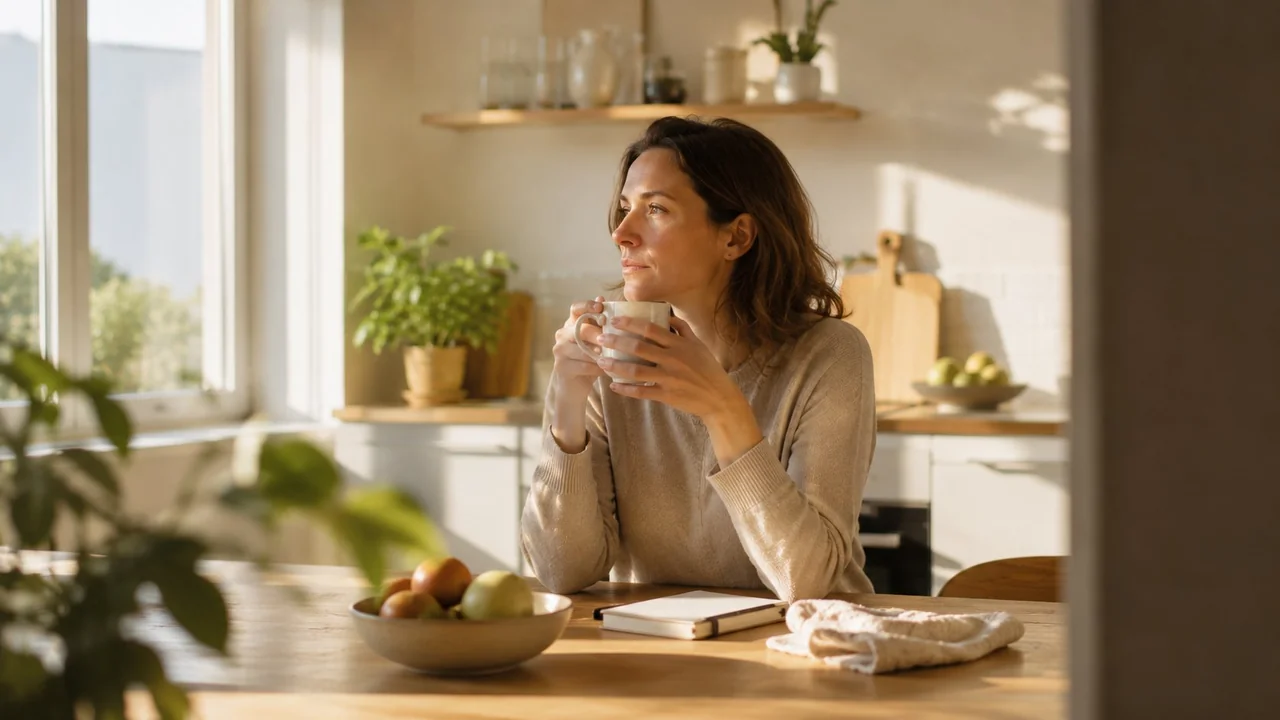 Mujer en cocina soleada reflexionando sobre si es el momento adecuado para comprar